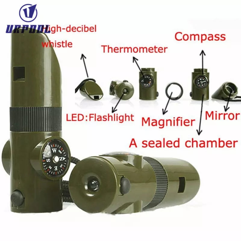 Multifunktion 7 i 1 værktøj - fløjte kompas forstørrelsesglas LED lommelygte spejl opbevaringsboks termometer- fløjte kompas termometer forstørrelse Søger fløjte