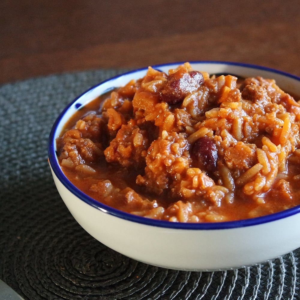 Chilli Con Carne med risdåse 8 portioner - Frysetørret - Chilli Con Carne-dåse - Brænd din tilberedning. ca. 25 års holdbarhed.